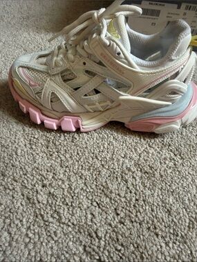 Balenciaga White Leather Mesh Sneaker with Pink and Yellow Accents